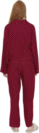 Tarz Rahat Uzun Kollu Boru Paça Kalp Desenli Bağlama Detaylı Viskon Dokuma Pijama Takımı