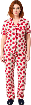 Çilek Baskılı Gömlek Yaka Pijama Takımı Kadın Fonksiyonel Dayanıklı Kaliteli Konforlu Spor