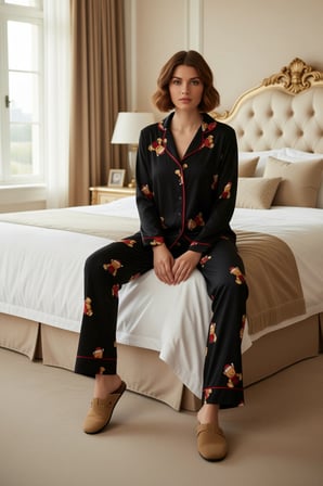 Kadın Ayıcık Desenli Pijama Takımı Gömlek Yaka Uzun Fonksiyonel Dayanıklı Kaliteli Estetik