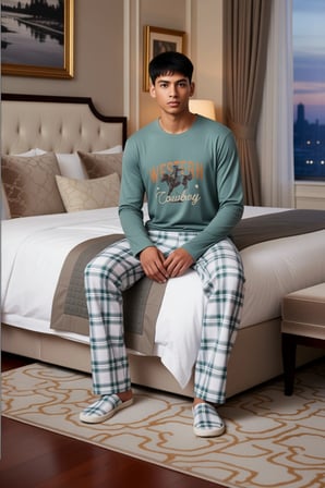 Erkek Ekose Desenli Bisiklet Yaka Pijama Sweatshirt ve Pantolon Fonksiyonel Dayanıklı Spor