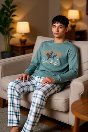 Erkek Ekose Desenli Bisiklet Yaka Pijama Sweatshirt ve Pantolon Fonksiyonel Dayanıklı Spor