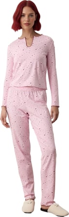 Kadın Penye Kalpli Pijama Takımı Devrik Yaka Uzun Kollu Fonksiyonel Dayanıklı Kaliteli Şık