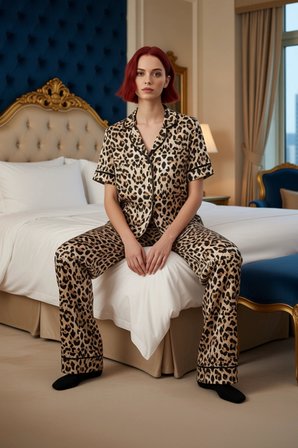 Kadın Leopar Desenli Kısa Kollu Pijama Takımı Fonksiyonel Dayanıklı Kaliteli Konforlu Spor