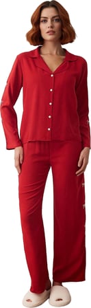 Kadın Nakışlı Gömlek Pantolon Pijama Takımı Fonksiyonel Dayanıklı Kaliteli Konforlu Modern