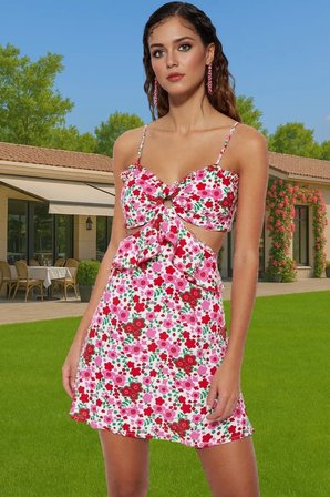 Çiçekli Desenli Mini Viskoz Elbise Cut Out Detaylı Skater Plaj Mükemmel Uyum Özenle Seçilmiş