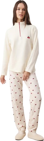 Kadın Kiraz Desenli Fermuarlı Waffle Pijama Takımı Fonksiyonel Dayanıklı Kaliteli Konforlu