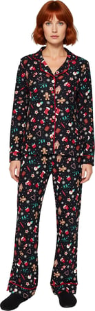 Kadin Kirmizi Yılbaşı Desenli Gömlek Yaka Pijama Seti Fonksiyonel Dayanıklı Kaliteli Rahat