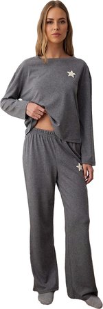 Kadın Yıldız Detaylı Uzun Kollu Pijama Takımı Fonksiyonel Dayanıklı Kaliteli Konforlu Spor
