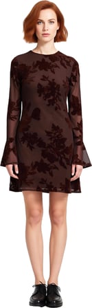 Kadınlar İçin Feminine Bodycon Kesim Çiçek Desenli Uzun Kollu Tül Mini Elbise Astarlı Şıklık