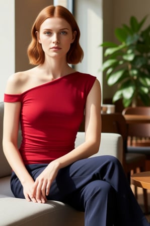Kadın Yazlık Bluz Fitted Asimetrik Yaka Düşük Kol Dokuma Sandy Polyester Elastan Karışımı