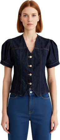 Kadın V Yaka Kısa Balon Kol Denim Bluz Günlük Şıklık Kaliteli Şık Rahat Modern Zarif Günlük