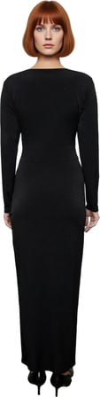 Kadın Şık Kruvaze Yaka Uzun Kollu Anvelop Bodycon Drape Detaylı Örme Maxi Abiye Elbise Kaliteli