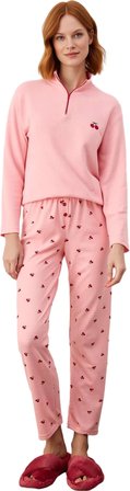 Kadın Kiraz Desenli Fermuarlı Waffle Pijama Takımı Fonksiyonel Dayanıklı Kaliteli Konforlu