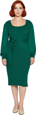 Kadın Midi Boy Bodycon Triko Elbise Kare Yaka Balon Kol Kuşaklı Fitilli Şık Kışlık Tasarım