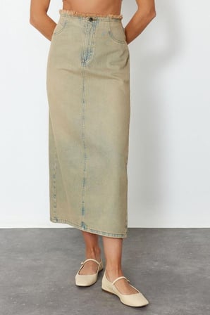 Moda Denim Düz Desen Günlük Midi Boy Yıkama Efektli Yırtmaçlı Midi Denim Etek