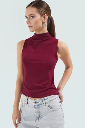 Regular Örme Bluz Dik Yaka Kolsuz Fitted Kalıp Günlük Yüksek Kalite Dayanıklı Malzeme