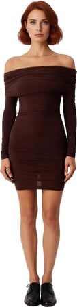 Kadın Düşük Omuz Carmen Yaka Bodycon Kesim Uzun Kol Düz Midi Elbise Sandy Örme Şık Stil Kaliteli