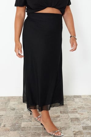 Moda Büyük Beden Regular Düz Desen Günlük Midi Boy Astarlı Tül Maxi Örme Etek