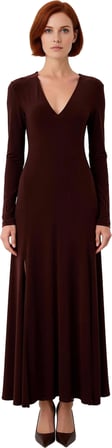 Kadın V Yaka Bodycon Kesim Uzun Kollu Maxi Boy Yırtmaç Detaylı Düz Örme Elbise Zarif Stil Kaliteli