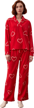 Kadin Kirmizi Polar Pijama Takımı Kalp Desenli Fonksiyonel Dayanıklı Kaliteli Konforlu Şık