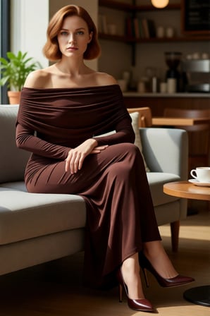 Kadın Şık Bodycon Kahverengi Uzun Kol Maxi Elbise Carmen Yaka ile Gece Davetleri İçin Kaliteli