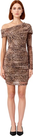 Kadın Bodycon Tek Kol Mini Tül Elbise Asimetrik Yaka ve Animal Deseniyle Şık Modern Bir Seçim