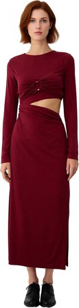 Kadın Fashion Forward Bordo Örme Maxi Elbise Bodycon Kesim Bel Detaylı Uzun Kollu Zarif Stil