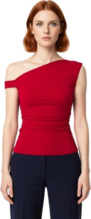 Kadın Yazlık Bluz Fitted Asimetrik Yaka Düşük Kol Dokuma Sandy Polyester Elastan Karışımı