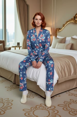 Kadın Çiçek Desenli V Yaka Uzun Kollu Pijama Takımı Fonksiyonel Dayanıklı Kaliteli Estetik