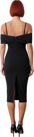 Kadın Feminine Bodycon Midi Elbise Carmen Yaka Askılı Düz Örme Sandy Kumaş Zarif Kokteyl Stili