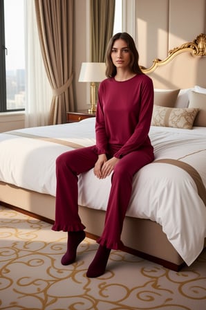 Kadın Fırfırlı Bisiklet Yaka Uzun Kollu Pijama Takımı Fonksiyonel Dayanıklı Kaliteli Rahat