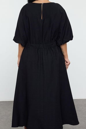 Moda Stil Relaxed Bisiklet Yaka Midi Boy Büyük Beden Dokulu Balon Kol Dokuma Büyük Beden Elbise