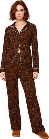 Kadın Müslin Pijama Takımı Kalp Desenli Gömlek Yaka Uzun Kollu Fonksiyonel Dayanıklı Rahat