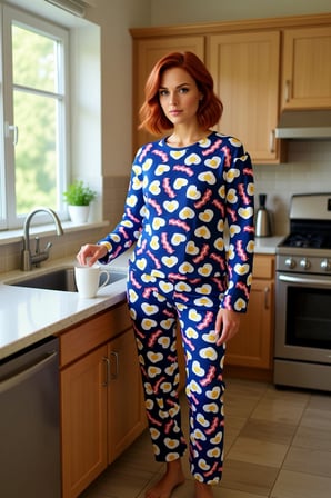 Kadin Bisiklet Yaka Uzun Kollu Pijama Takımı Kahvalti Baskılı Fonksiyonel Dayanıklı Modern