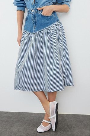 Moda Denim Düz Desen Günlük Midi Boy Renk Bloklu Yüksek Bel Midi Denim Etek