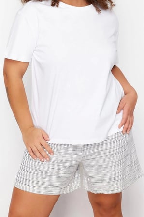 Tarz Rahat Büyük Beden Kısa Kollu Geniş Paça Ayıcık Baskılı Pamuklu Örme Pijama Takımı