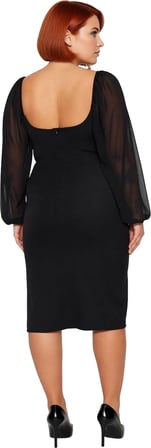 Kadın Büyük Beden Bodycon Midi Uzun Kollu V Yaka Dokuma Elbise Şık Akşam Davetleri İçin İdeal