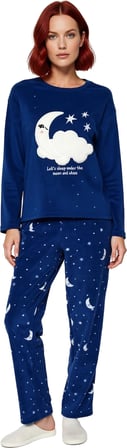 Kadin Gece Bulut Ay Desenli Polar Pijama Seti Fonksiyonel Dayanıklı Kaliteli Konforlu Spor