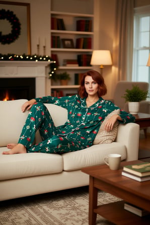 Kadın Çiçekli Yılbaşı Temalı Pijama Takımı Fonksiyonel Dayanıklı Kaliteli Konforlu Estetik