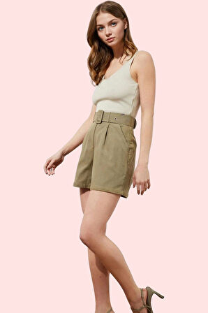 Kadın Pamuk Gabardin Straight Şort; Yüksek Bel Çift Cep Kısa Boy Günlük Kombinler Hafta Sonu