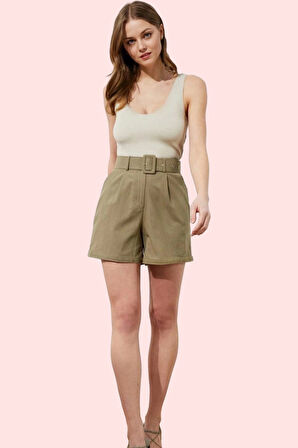 Kadın Pamuk Gabardin Straight Şort; Yüksek Bel Çift Cep Kısa Boy Günlük Kombinler Hafta Sonu