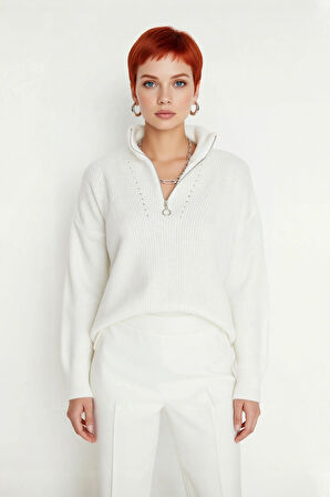 Kadın Oversize Basic Dokulu Uzun Kollu Fermuarlı Dik Yaka Selanik Örgü Triko Kazak Kaliteli