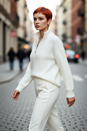 Kadın Oversize Basic Dokulu Uzun Kollu Fermuarlı Dik Yaka Selanik Örgü Triko Kazak Kaliteli