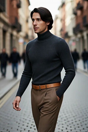 Erkek Fitted Balıkçı Yaka Fitilli Uzun Kollu Kazak Günlük Şıklığı ve Kış Konforunu Birleştirir