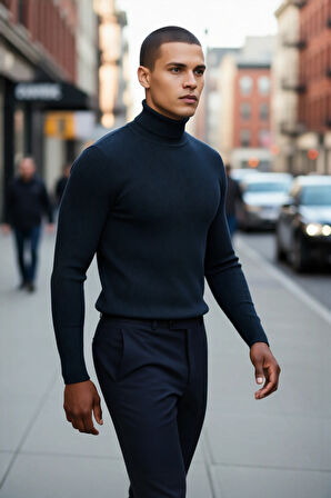 Erkek Fitted Balıkçı Yaka Fitilli Uzun Kollu Kazak Günlük Şıklığı ve Kış Konforunu Birleştirir