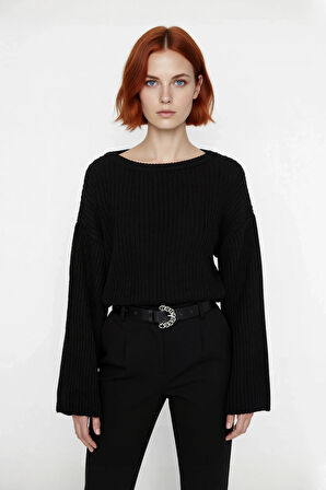 Kadın Gri %100 Akrilik Oversize Selanik Dokuma Bisiklet Yaka İspanyol Kol Crop Triko Kazak