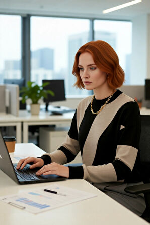 Kadın Düşük Kol Bisiklet Yaka Triko Kazak Renk Bloklu Tasarımıyla Kış Kombinleri İçin Kaliteli