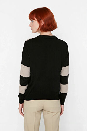 Kadın Düşük Kol Bisiklet Yaka Triko Kazak Renk Bloklu Tasarımıyla Kış Kombinleri İçin Kaliteli