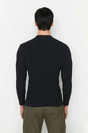 Erkekler İçin Fitted Kesim Fermuar Detaylı Dik Yaka Fitilli Pamuk Polyester Triko Kazak Casual Tarz