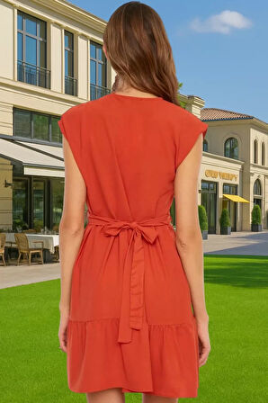 Şık Mini Elbise V Yaka Bel Kuşağı Detaylı Rahat Günlük Yazlık Profesyonel Görünüm Trend Tasarım